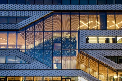 Exterior of the Matrix One six-storey glazed office building by MVRDV