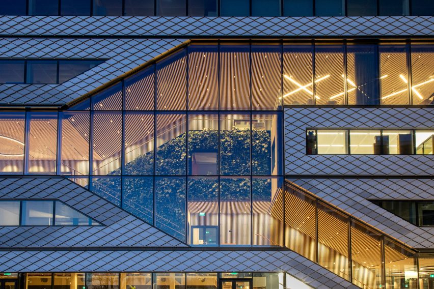 Exterior of the Matrix One six-storey glazed office building by MVRDV