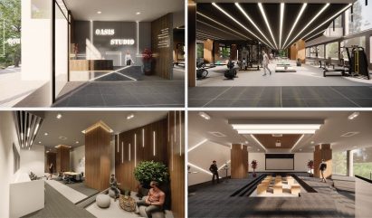 Four interior renders of a wood and grey interior by a Nanyang Polytechnic student