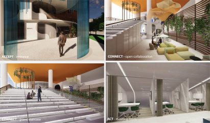 Four renders of interior spaces by a student at Nanyang Polytechnic