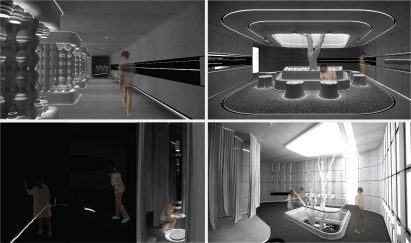 Four interior renders of a grey-scale pottery interior