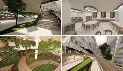 Four renders of a park by a student at Nanyang Polytechnic
