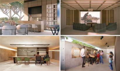 Four renders of interior lounge spaces with stone surfaces