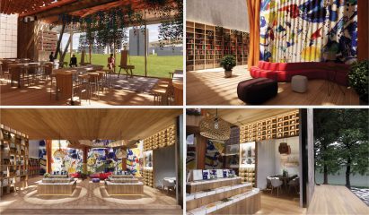 Four interior renders of an arts education space