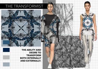 Board showing research and outcome of patterned fashion design project