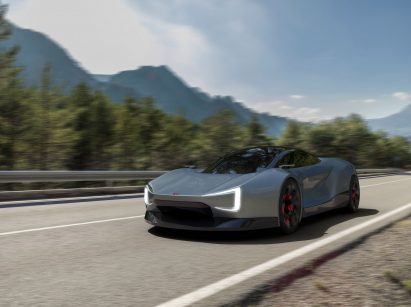 Sleek car driving on road