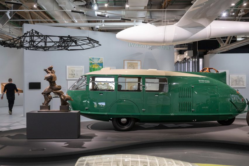 Automobiles and sculptures on display at the Norman Foster exhibition at the Centre Pompidou