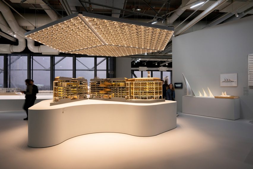 Drawings and models on display at the Norman Foster exhibition at the Centre Pompidou
