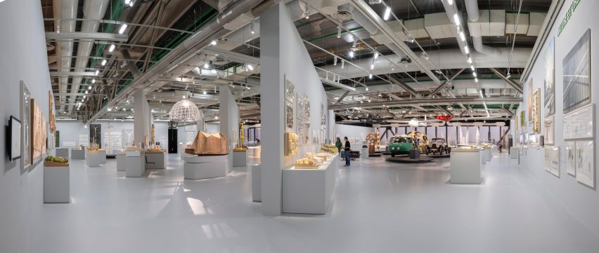 Drawings and models on display at the Norman Foster exhibition at the Centre Pompidou
