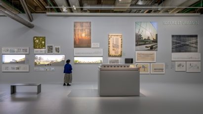 Architectural models and drawings at the Norman Foster exhibition in the Centre Pompidou in Paris