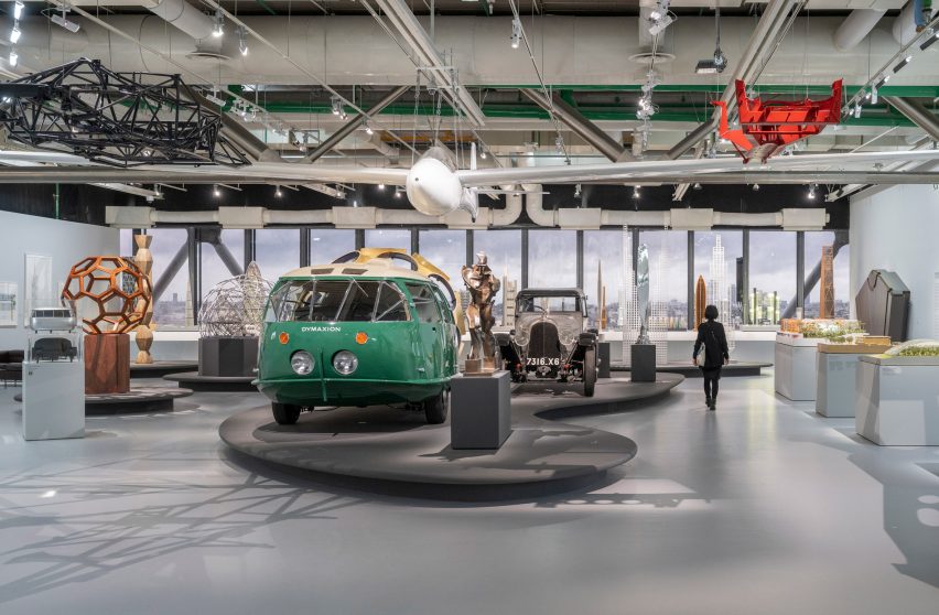 Automobiles and sculptures on display at the Norman Foster exhibition at the Centre Pompidou