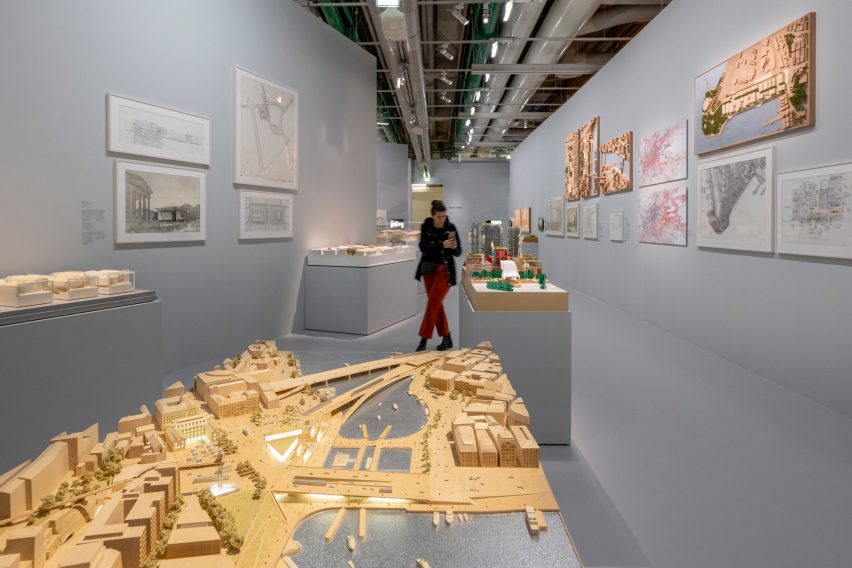 Architectural models on display at the Norman Foster exhibition at the Centre Pompidou