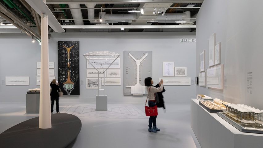 Drawings and models on display at the Norman Foster exhibition at the Centre Pompidou