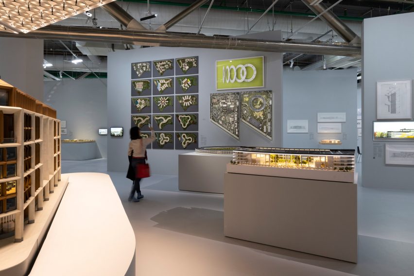Drawings and models on display at the Norman Foster exhibition at the Centre Pompidou