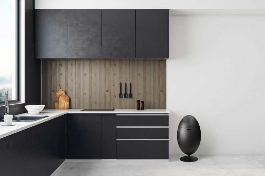 Matt black Ovetto bin in kitchen