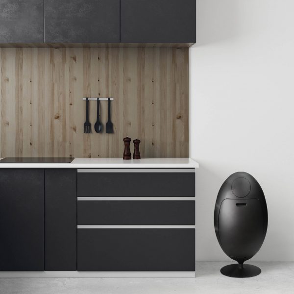 Matt black Ovetto bin in kitchen