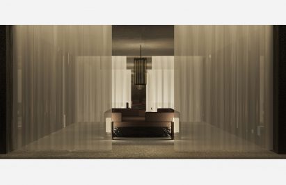 Rendering showing living space surrounded by sheer curtains