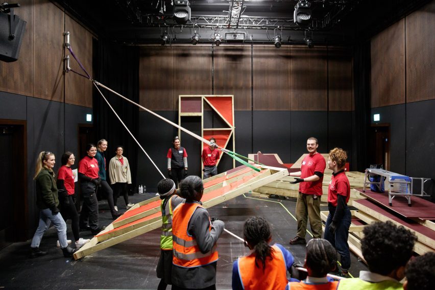 Children assembling timber stages for the Let's Build Brixton House theatre project