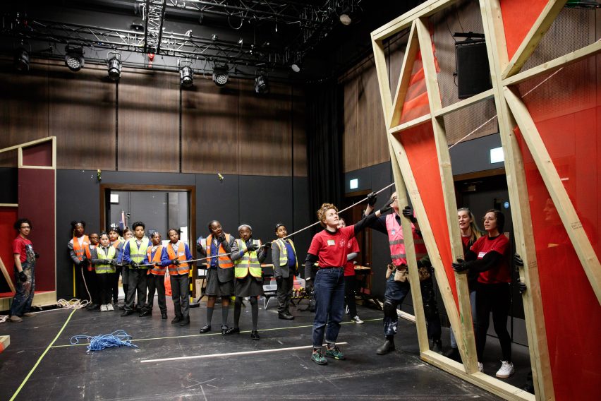 Children assembling timber stages for the Let's Build Brixton House theatre project