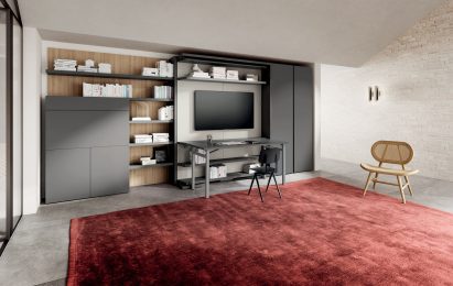 Rotating bed by Resource Furniture next to a red velvet rug