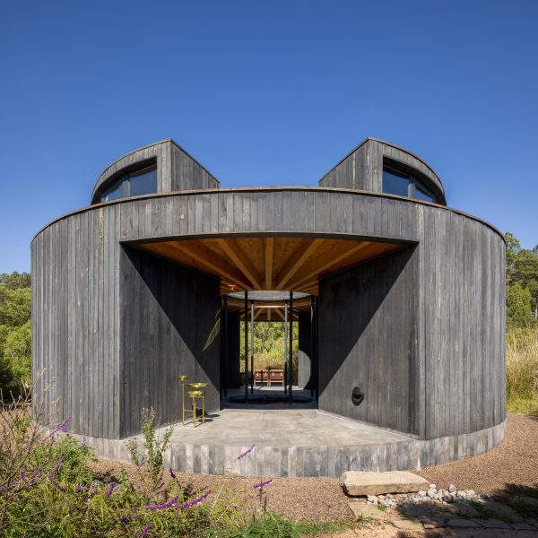 Round bathhouse building at Rain Harvest Home in Mexico