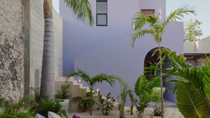 Purple two-storey cuboid house with sun lounges and palm trees