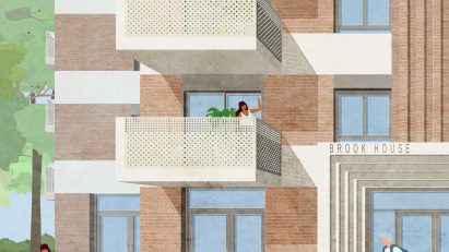 Render of the exterior of Brook House women's social housing by Grid Architects