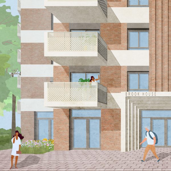 Render of the exterior of Brook House women's social housing by Grid Architects