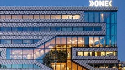 Exterior of the Matrix One six-storey glazed office building by MVRDV