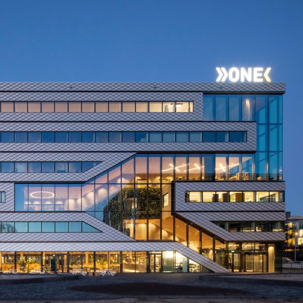 Exterior of the Matrix One six-storey glazed office building by MVRDV
