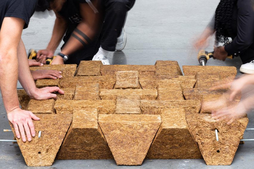 Sugarcrete sugarcane waste construction material blocks in an interlocking grid by Grimshaw and the University of East London