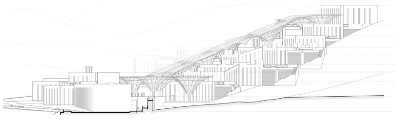 Elevation drawing of the Smritivan Earthquake Memorial Museum by Vastushilpa Consultants