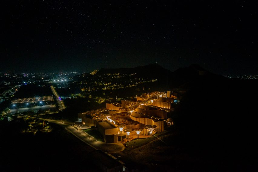 Smritivan Earthquake Memorial and Museum lit up at night