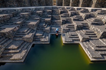 Square stepped reservoir at the Smritivan Earthquake Memorial Museum