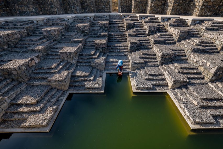 Square stepped reservoir at the Smritivan Earthquake Memorial Museum