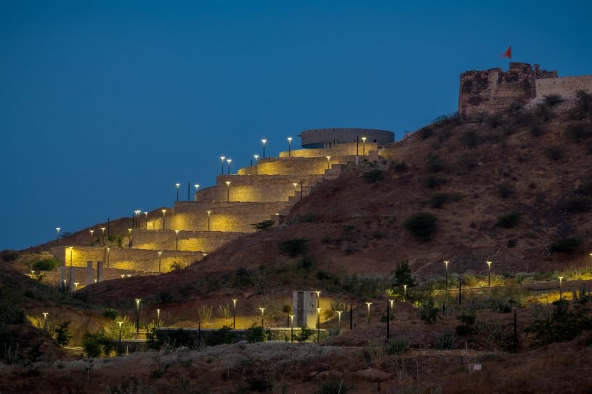 Exterior of the Smritivan Earthquake Memorial and Museum hillside lit up at night