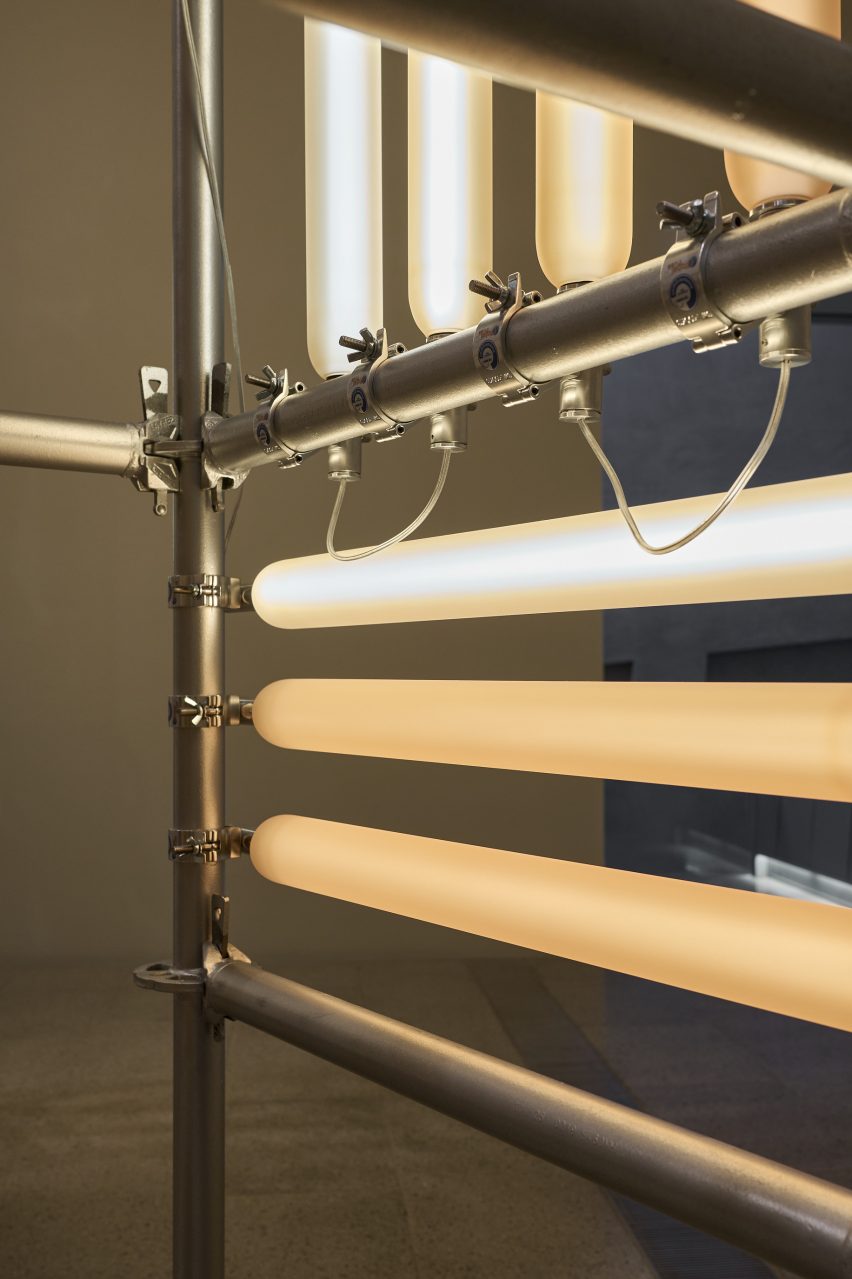 Tube lights attached to scaffolding