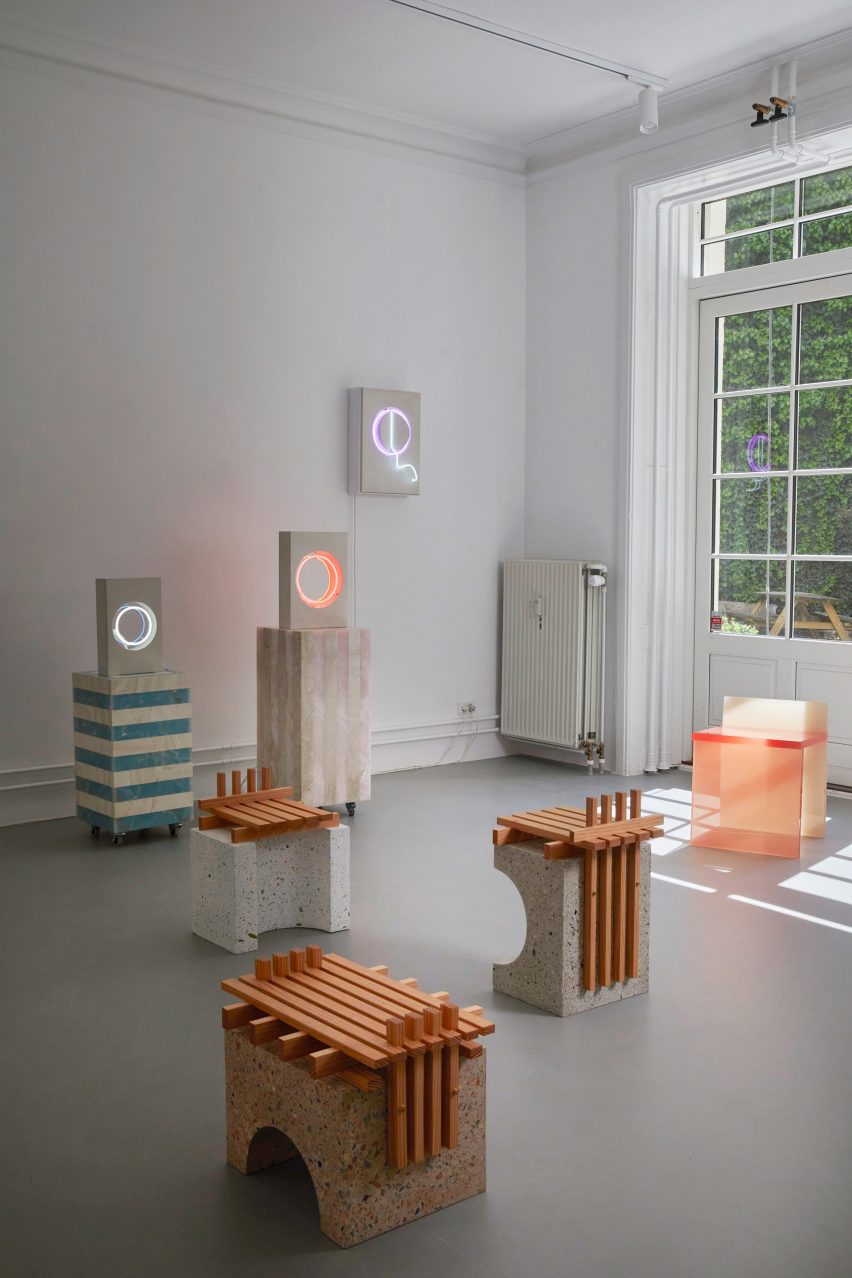 Photo of chairs and neon lights at the Kinship exhibition