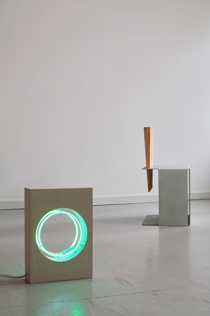 Photo of chairs and neon lights at the Kinship exhibition