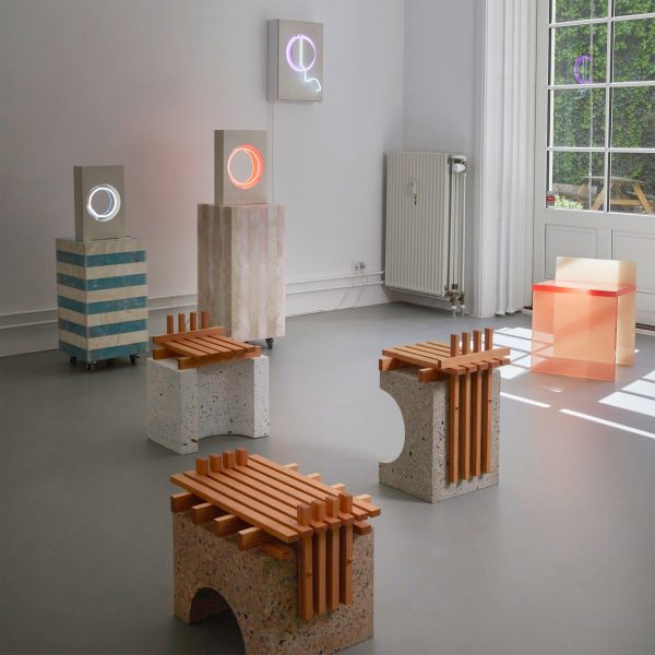 Photo of chairs and neon lights at the Kinship exhibition