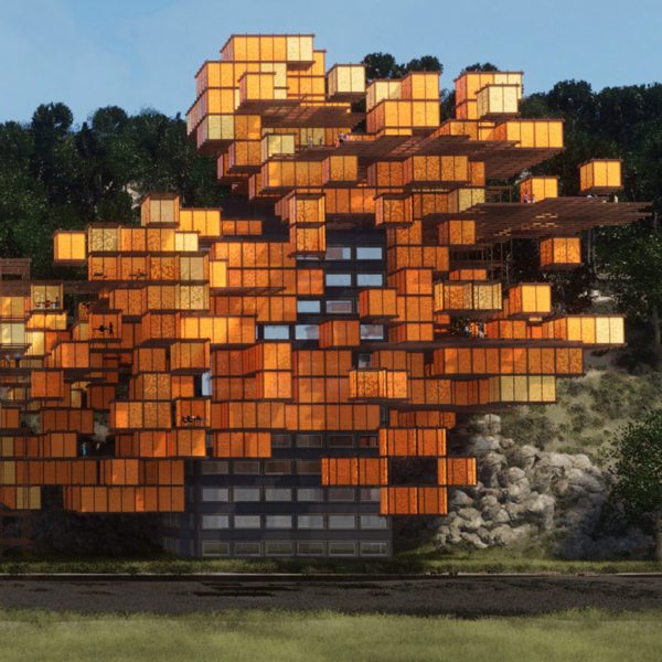 Render of the building composed of modular cubes