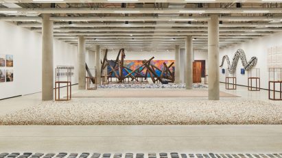 Photo of stones and design objects at the Ai Weiwei exhibition