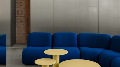 Yellow stools and blue sofa