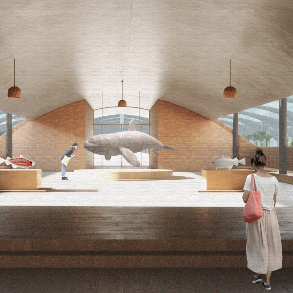 Render of an aquatic centre featuring exhibits of fish and whales