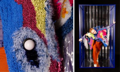 Person wearing textile jacket next to close up image of the fabric