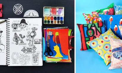 Colourful cushions beside the designer's creative tools
