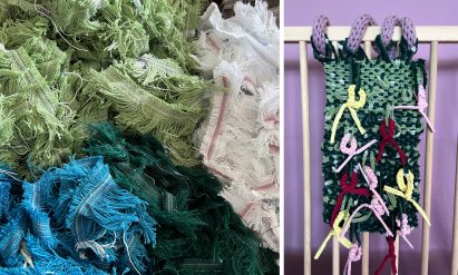 Art made from textiles and close up image of fabric