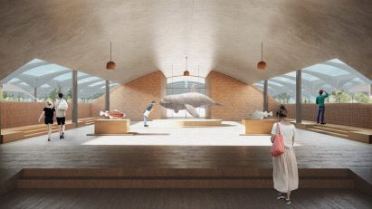 Render of an aquatic centre featuring exhibits of fish and whales