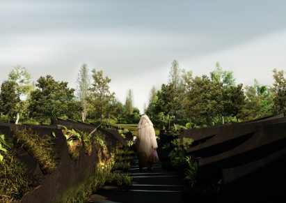 Person walking along planted bridge
