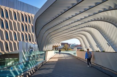 Brise soleil bridge with person walking